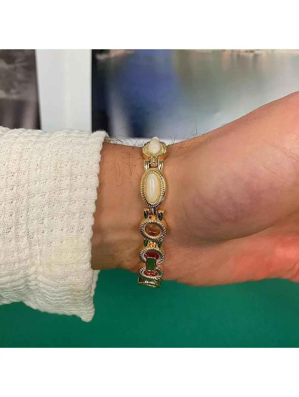 Y2k style Dainty cute Gold style tone quartz watch with lime green jade stone op